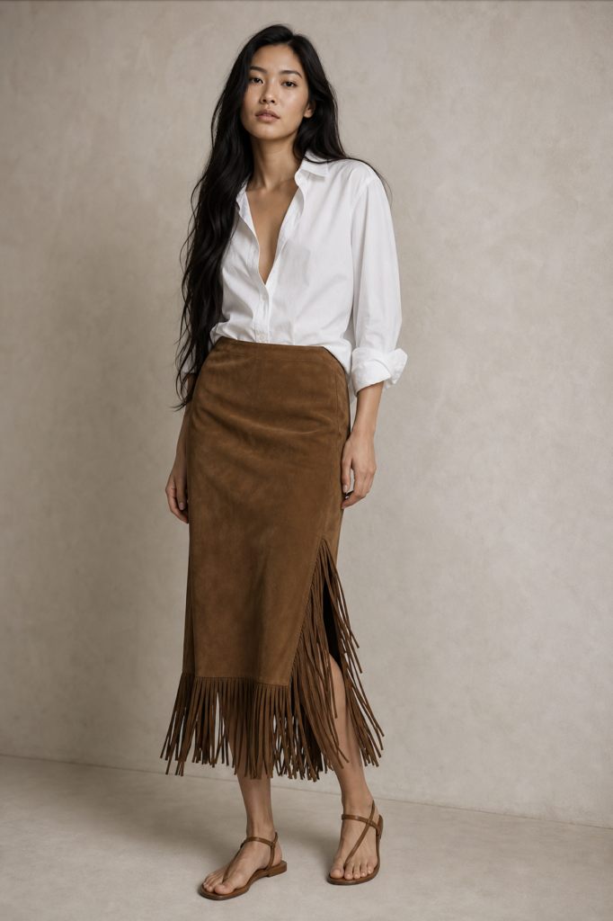 Suede Fringe Skirt with a Crisp White Shirt for date night